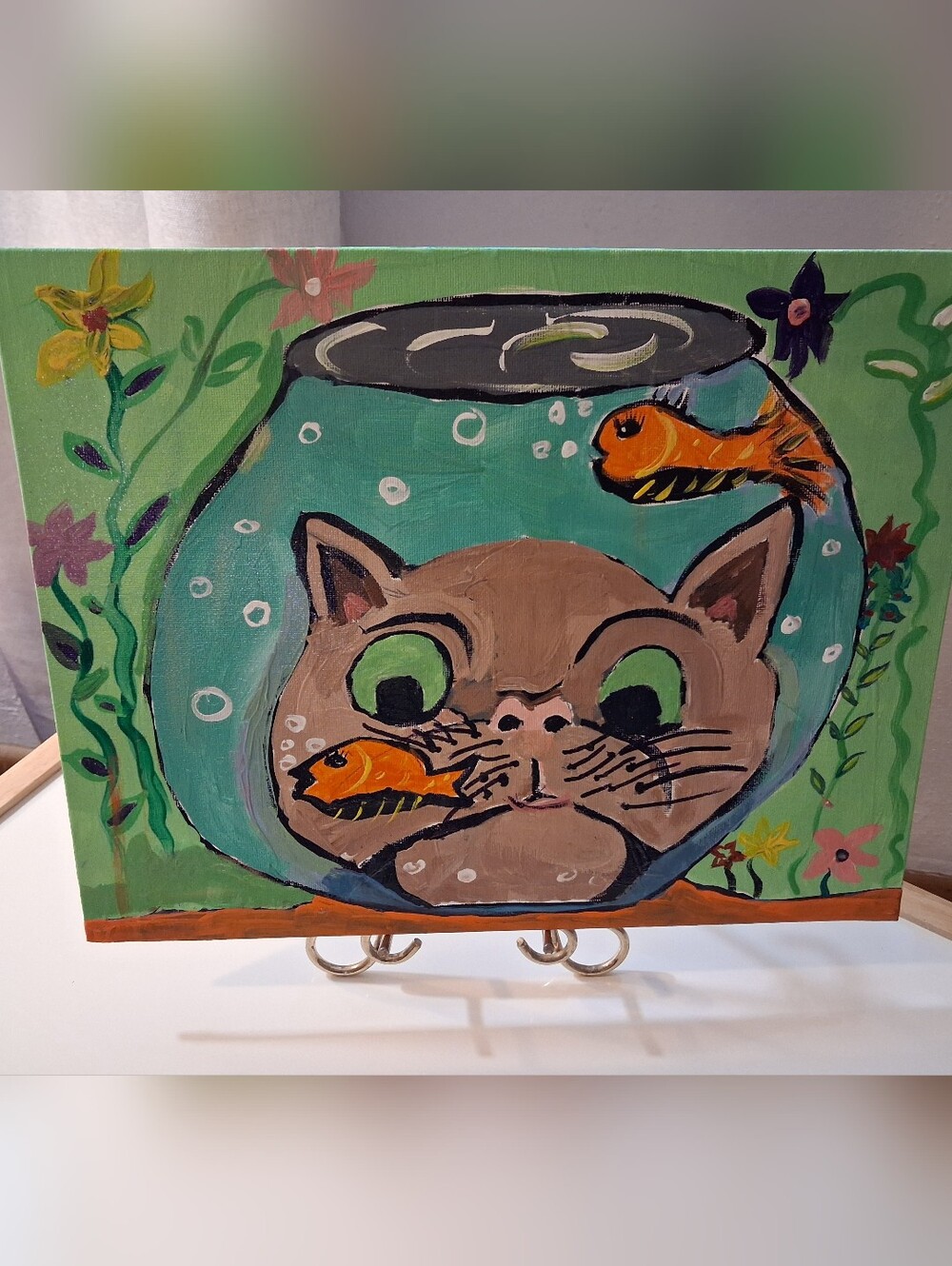 Hand-Painted Green Cat Fishbowl Canvas - Unbranded